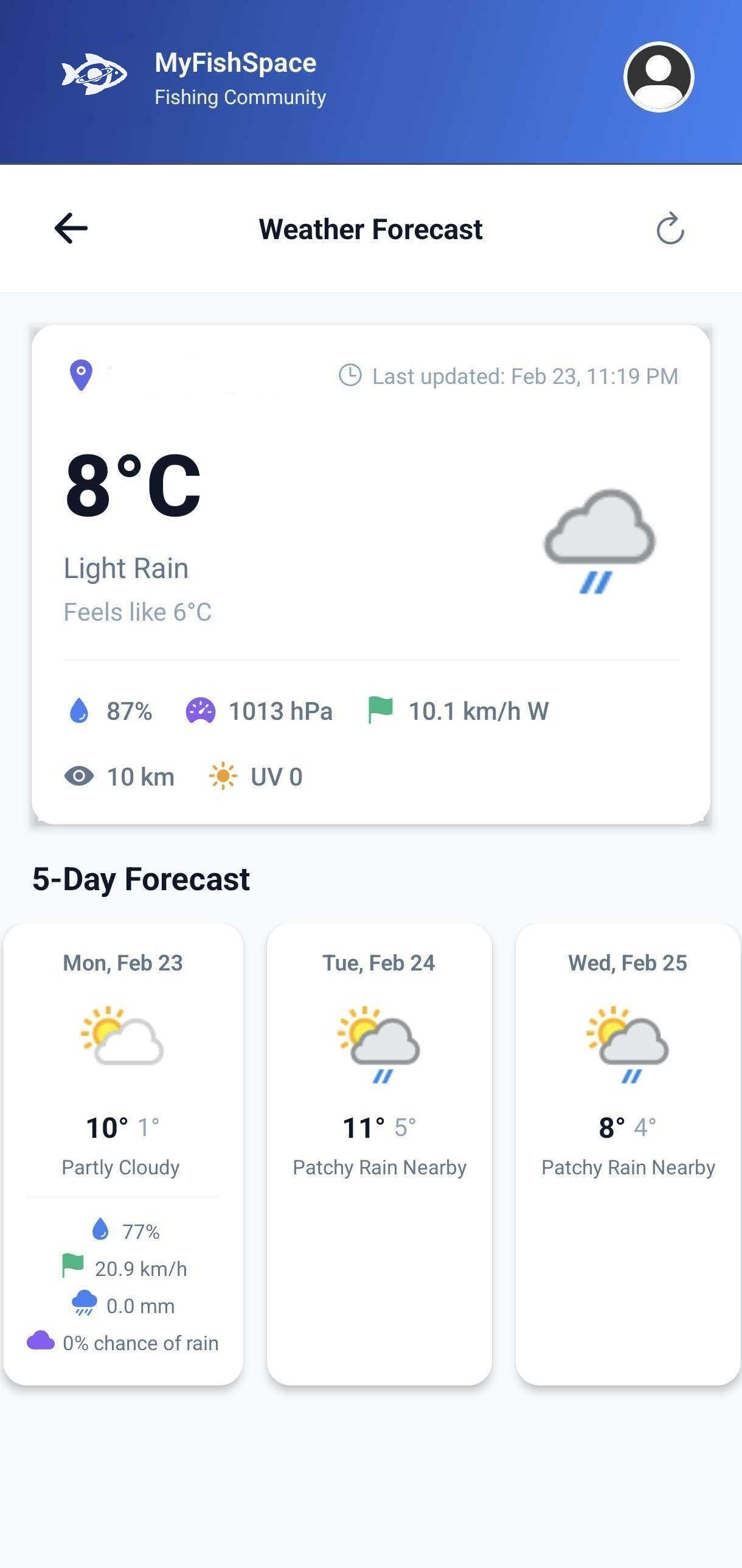 MyFishSpace weather forecast screen
